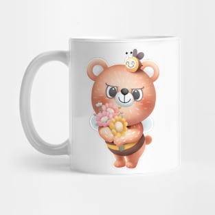 Cheerful Cartoon Bear with Flowers and Bee Illustration Mug